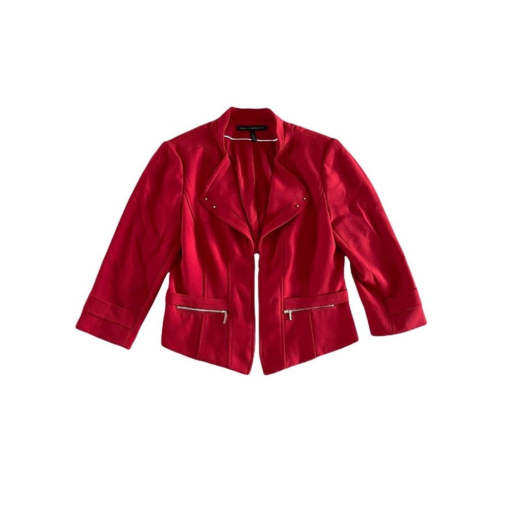 White House Black Market Red Structured Silver Zip Jacket Copped Lined Size 6